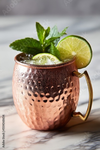 Refreshing Mint and Lime Cocktail in a Copper Mug With Garnishes