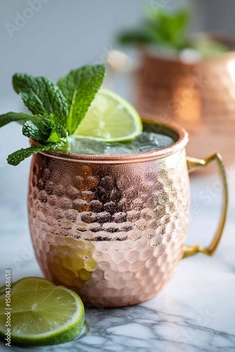 Refreshing Mint and Lime Cocktail in a Copper Mug With Garnishes
