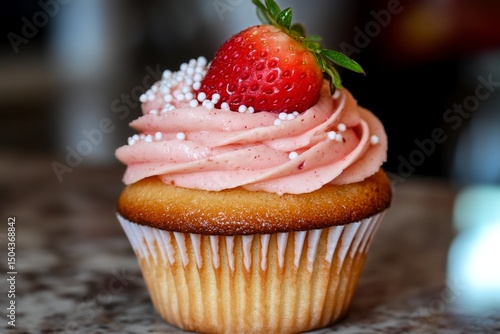 Delicious Strawberry Cupcake With Creamy Frosting and Vibrant Toppings on a M...