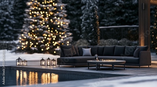 Cozy Outdoor Lounge Area Illuminated by Festive Lights During Winter Evening