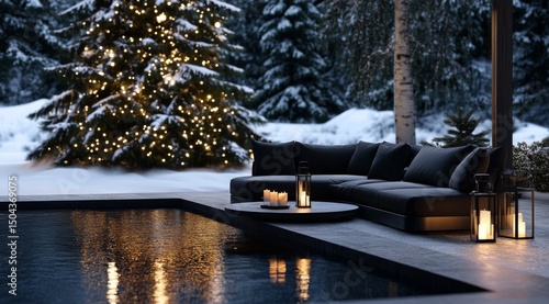 Cozy Winter Evening by the Snow-Covered Pool With Glowing Candles and a Festi...