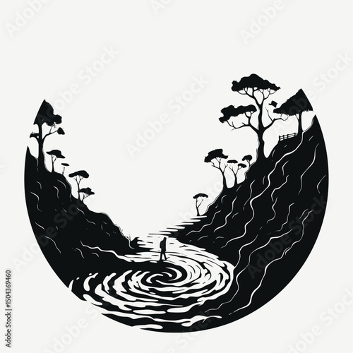 Landscape river trees clouds monochrome nature silhouette art scenic journey wanderlust illustration travel