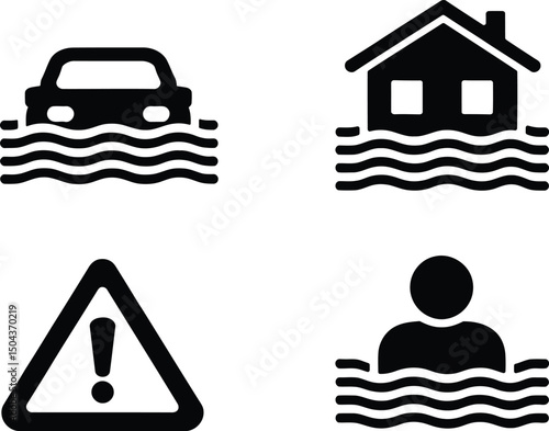 Flood Warning Icons Set. House, Car, Person and Alert Symbol Vector Illustration.
.
