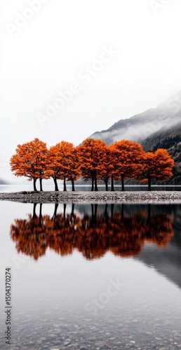 Colorful Orange Trees Reflecting on Calm Water in a Serene Landscape During A...
