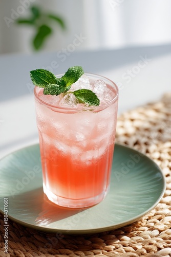 Refreshing Pink Drink With Mint Leaves in a Cozy Setting During Afternoon Sun...