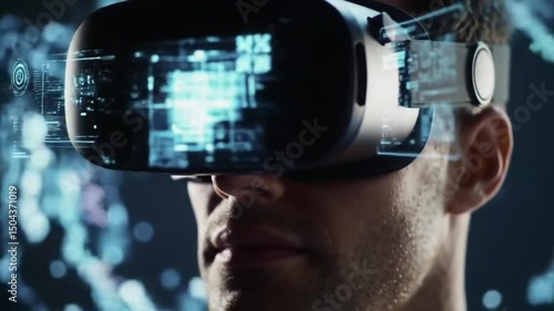 3D eye man with binary code background