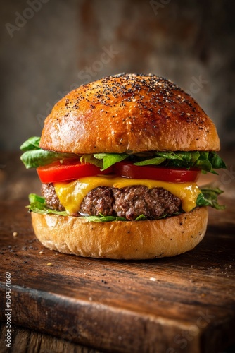 Delicious Cheeseburger With Fresh Lettuce and Tomato Served on a Wooden Table