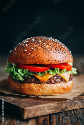 Delicious Cheeseburger With Fresh Lettuce and Tomato Served on a Wooden Table