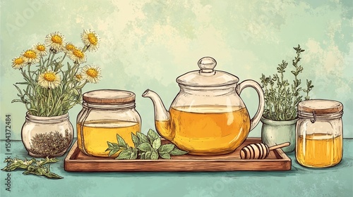 Teapot with dandelion root tea, dried herbs, and honey dipper Glass of herbal tea with lemon and fresh herbs on white background