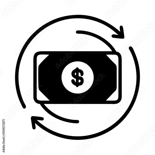 Cash transfer icon with rotation arrows in bold black style