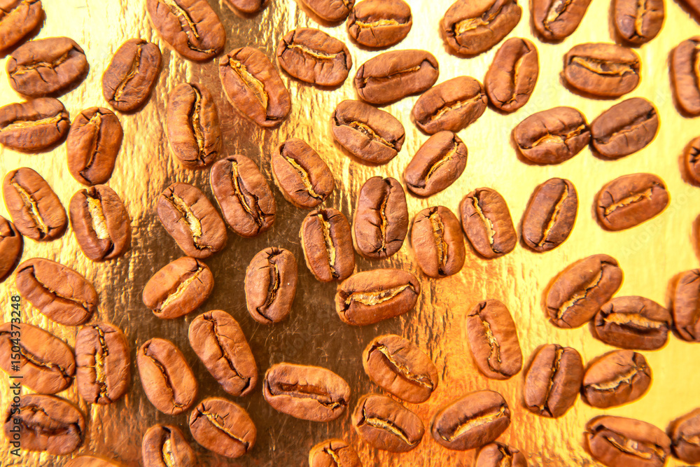 Roasted coffee beans in an oval formation on a reflective golden surface, highlighting their smooth surfaces and brown hues. Great for beverage marketing. Roasted coffee beans in an oval formation on a reflective golden surface, highlighting their smooth surfaces and brown hues. Great for beverage marketing.