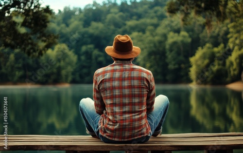 Man in Brown Hat Sits by Calm Lake Surrounded by Trees During Peaceful Afternoon
