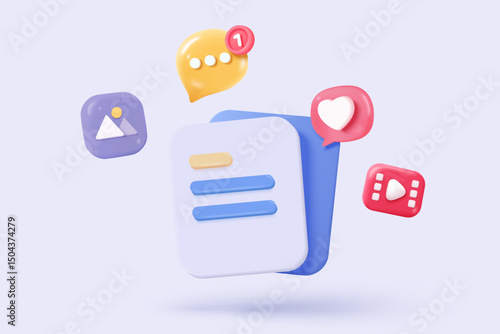 3D media data with video and photo management. Searching image and video files in gallery library. Document management soft database, document form. 3d multimedia file icon vector render illustration