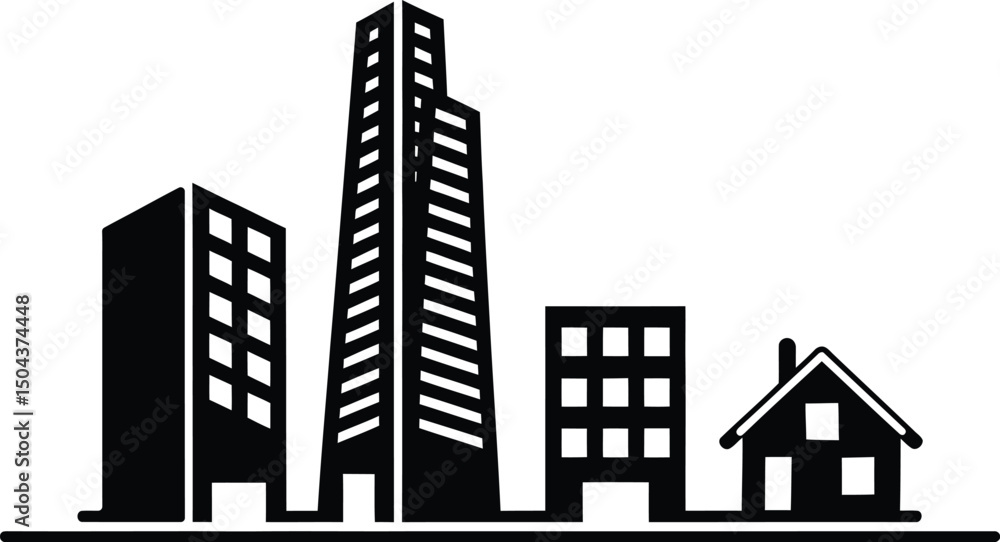 Obraz premium City Skyline Vector Icon of Buildings, Apartments, and House