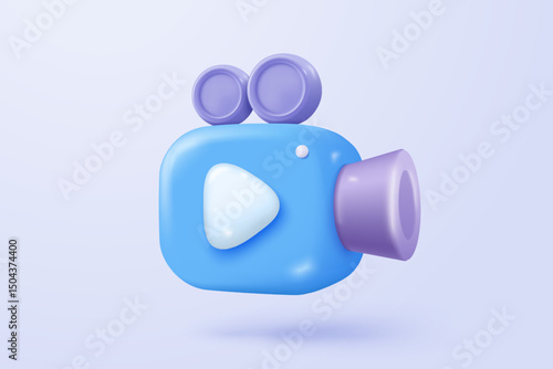 3d video camera icon isolated  with lens and button on pastel background. Realistic film movie icon, play button for streaming multimedia concept. 3d cinema record icon vector render illustration