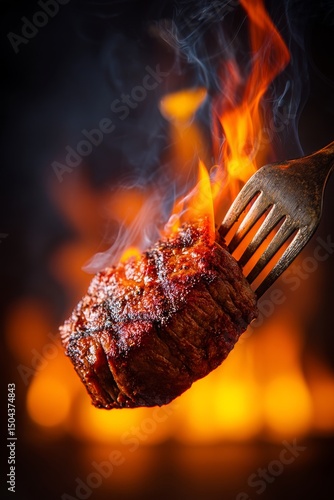 Grilled Meat Being Held by a Fork in Front of a Roaring Fire Pit at Night