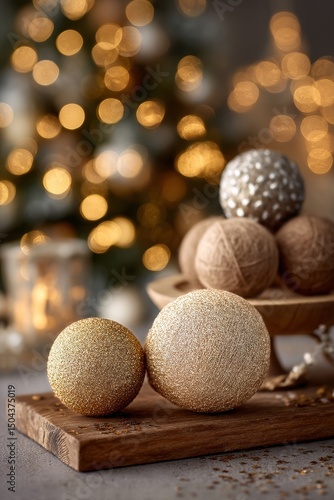 Elegant Decorative Ornaments Arranged on a Wooden Platter During the Holiday ...