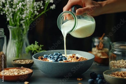 Morning Routine With Fresh Yogurt, Granola, and Blueberries on a Wooden Kitch...