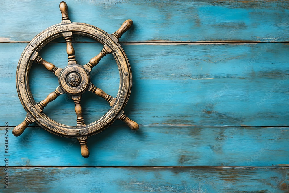 Obraz premium Vintage Wooden Ship Steering Wheel on Rustic Blue Background: Nautical Symbol of Adventure and Maritime Heritage