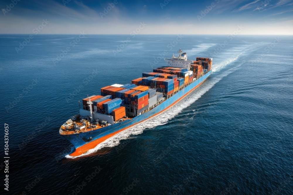 Fototapeta premium Cargo Ship Sailing on the Ocean Transporting Containers Across the Sea
