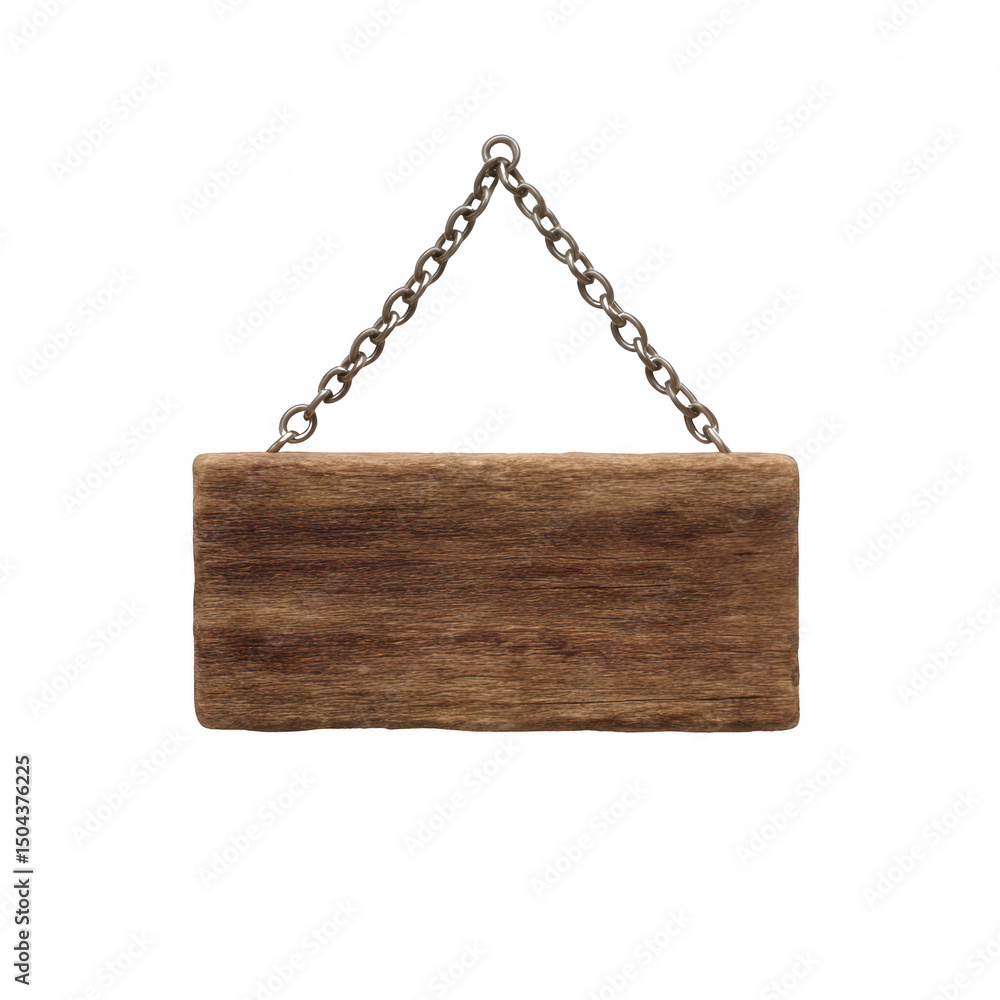 A rustic wooden signboard with a chain for hanging, perfect for displaying messages or shop names, isolated on a white background. A rustic wooden signboard with a chain for hanging, perfect for displaying messages or shop names, isolated on a white background.