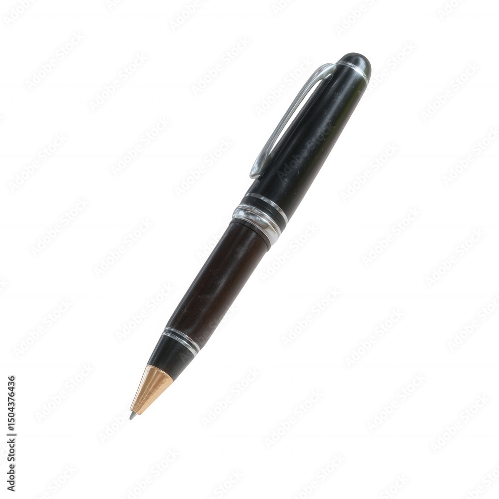 A sleek black pen with a gold tip, showcased against a white isolated background, ideal for illustrating office supplies or branding concepts. A sleek black pen with a gold tip, showcased against a white isolated background, ideal for illustrating office supplies or branding concepts.