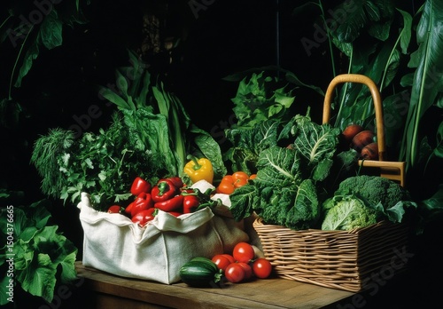 Freshly Harvested Vegetables in Baskets on a Wooden Table Surrounded by Green...