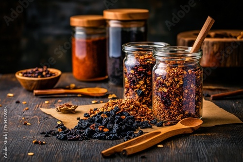 Various Jars of Granola and Dried Fruits Displayed on Wooden Table During Eve...