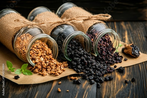Granola and Dried Berries in Glass Jars on Wooden Surface With Green Herbs