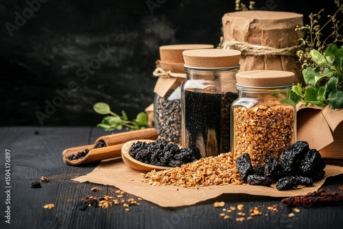 Various Jars of Granola and Dried Fruits Displayed on Wooden Table During Eve...