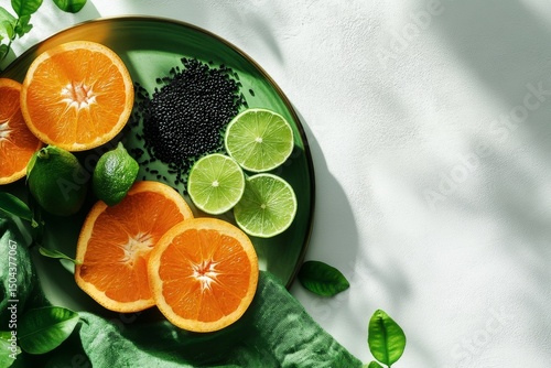 Fresh Citrus Fruits and Black Seeds Arranged on a Green Plate With Vibrant Fa...