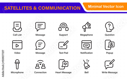 Modern Satellites and Communication Icons – Clean Outline, Line Art, Vector Illustrations for Space Exploration, Technology, and Communication Systems