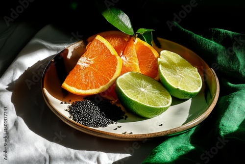 Colorful Citrus Fruits Arranged on a Plate With Seeds and Fabric Background