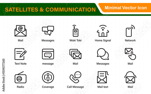 Modern Satellites and Communication Icons – Clean Outline, Line Art, Vector Illustrations for Space Exploration, Technology, and Communication Systems