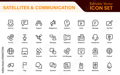 Modern Satellites and Communication Icons – Clean Outline, Line Art, Vector Illustrations for Space Exploration, Technology, and Communication Systems