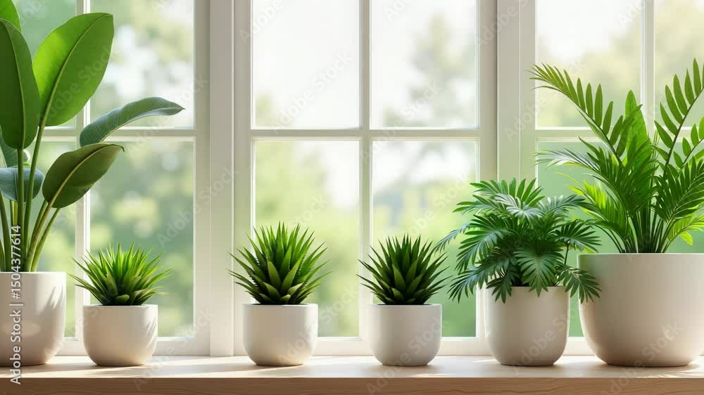 Modern windowsill with green houseplants in white ceramic pots and natural light, ideal for home interior design, eco lifestyle content, minimalist decor, or plant care branding. Modern windowsill with green houseplants in white ceramic pots and natural light, ideal for home interior design, eco lifestyle content, minimalist decor, or plant care branding.