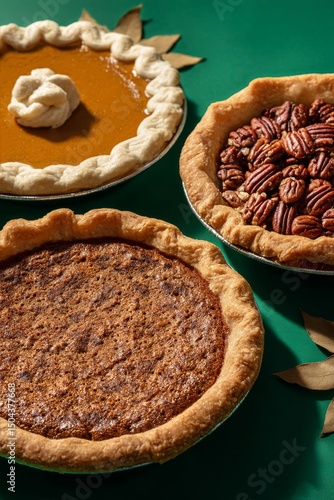 Three Delicious Pies Featuring Pumpkin, Pecan, and Cream Cheese Set on a Gree...