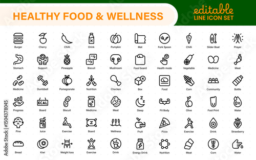 Essential Healthy Food & Wellness Icons. Perfect for Nutrition Guides, Diet Plans, Wellness Apps, Fitness Programs, and Holistic Lifestyle Designs