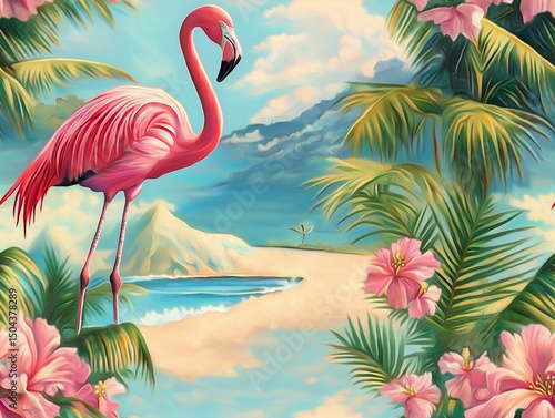Wallpaper Mural A vibrant illustration features a pink flamingo on a tropical beach with lush palm trees and hibiscus flowers Torontodigital.ca
