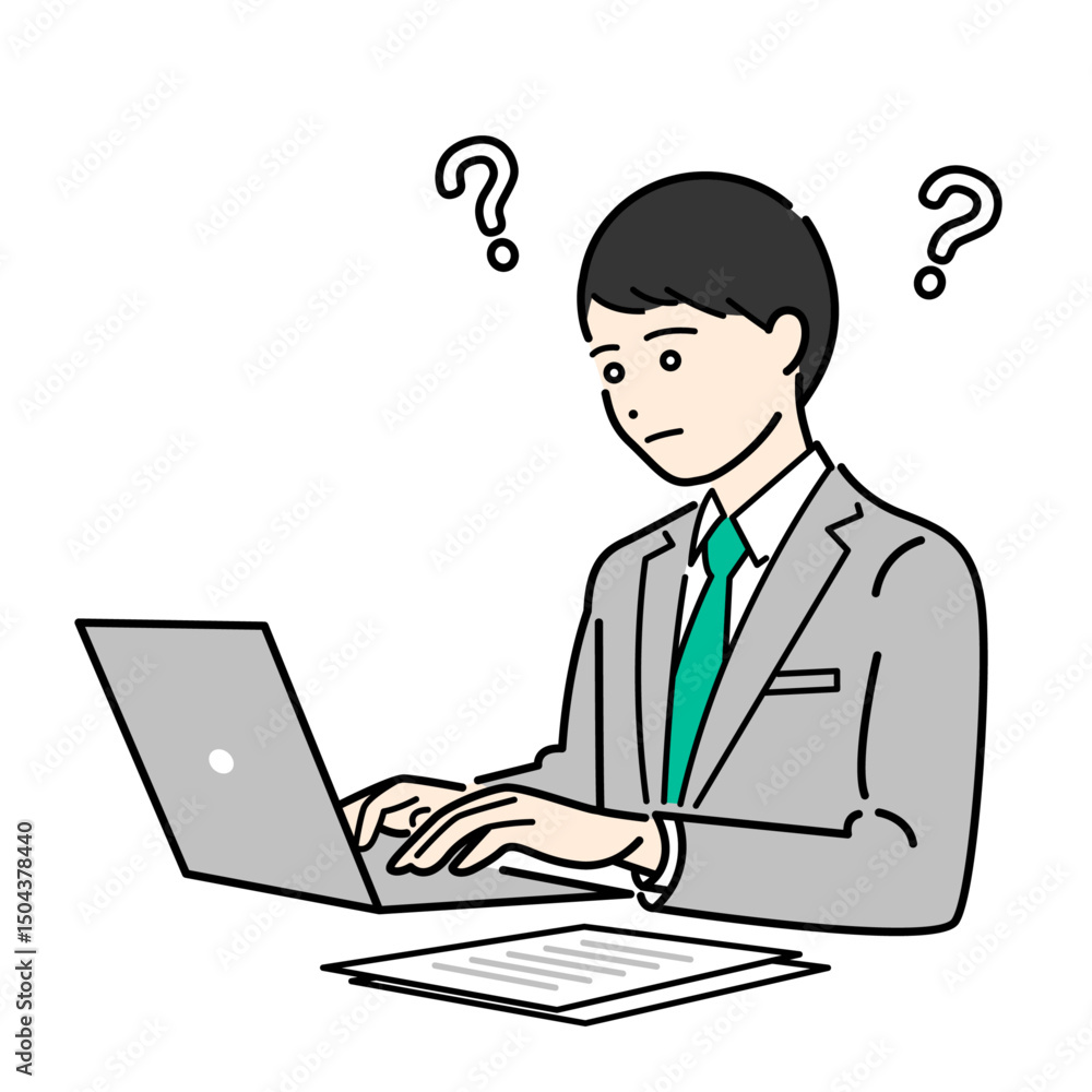 ノートパソコンを見て悩むスーツ姿の男性のビジネスパーソンイラスト素材 ノートパソコンを見て悩むスーツ姿の男性のビジネスパーソンイラスト素材