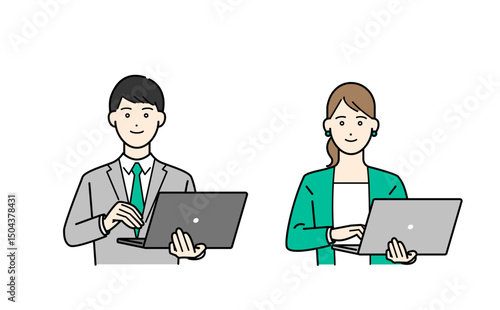 ノートパソコンを持つスーツ姿の男女のビジネスパーソンイラスト素材