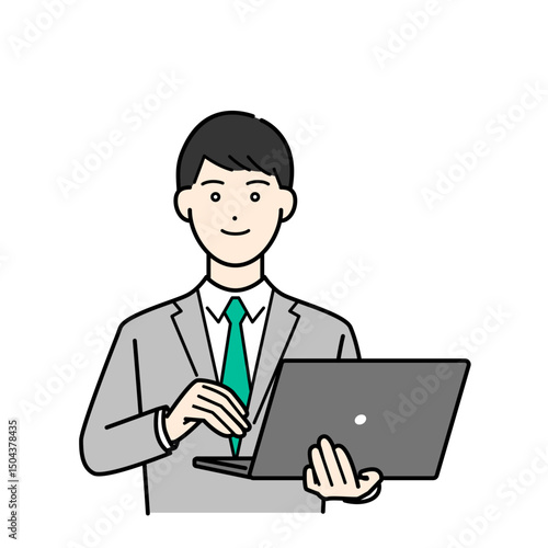 ノートパソコンを持つスーツ姿の男性のビジネスパーソンイラスト素材
