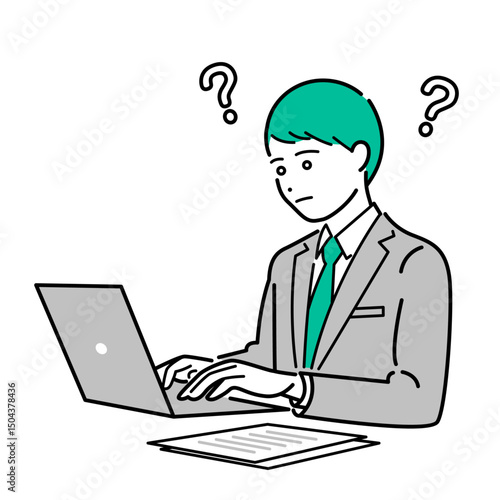 ノートパソコンを見て悩むスーツ姿の男性のビジネスパーソンイラスト素材