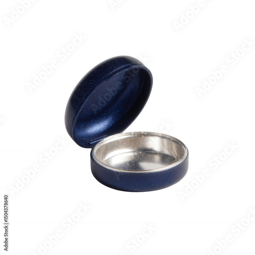 Open blue container with shiny silver interior, perfect for storing small items, jewelry, or other valuables. Ideal for minimalist designs and product showcasing.