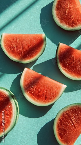 Fresh Watermelon Slices Arranged Artistically on a Vibrant Blue Background