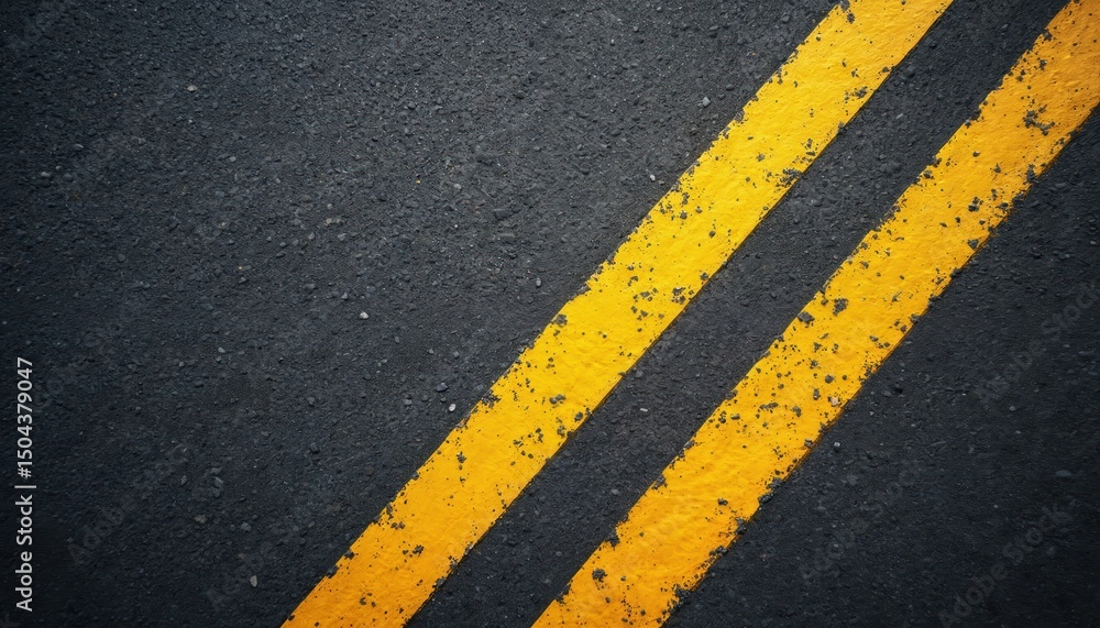 Fototapeta premium Close-up asphalt road view. Yellow double lines. Dark gray grainy surface texture. Transportation infrastructure. Direction guidance, road marking for traffic, lane separation. Road, highway