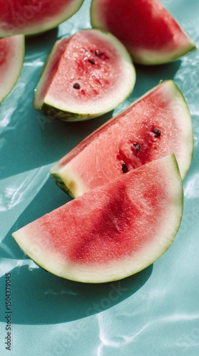 Fresh Watermelon Slices Arranged Artistically on a Vibrant Blue Background
