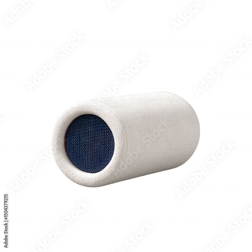 Stylish and modern cylindrical speaker with a minimalist design, made of fabric and metal. Ideal for home decor and enhancing audio experience.