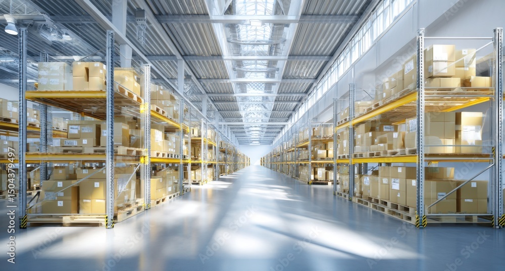 Fototapeta premium Warehouse with Rows of Racks Filled with Boxes Interior Distribution Center