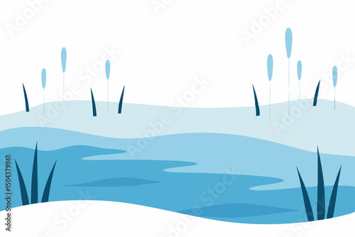 frosty marshland with frozen reeds and distant 